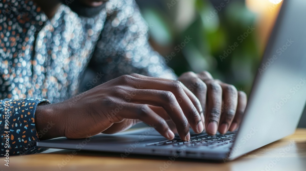 Poster a person typing intently on a laptop while seated at a wooden table in a cozy indoor environment wit