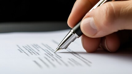 A close-up of a hand holding a pen poised over important documents in a dimly lit environment during evening hours