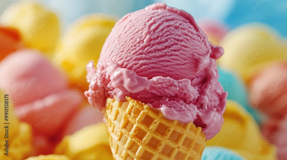 Poster colorful ice cream scoops in a waffle cone set against a bright, playful background in a summer-them