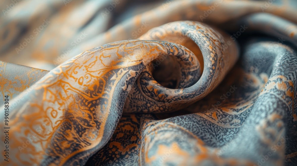 Poster Delicate fabric with intricate patterns in warm tones gently arranged on a textured surface, highlighting its graceful drape