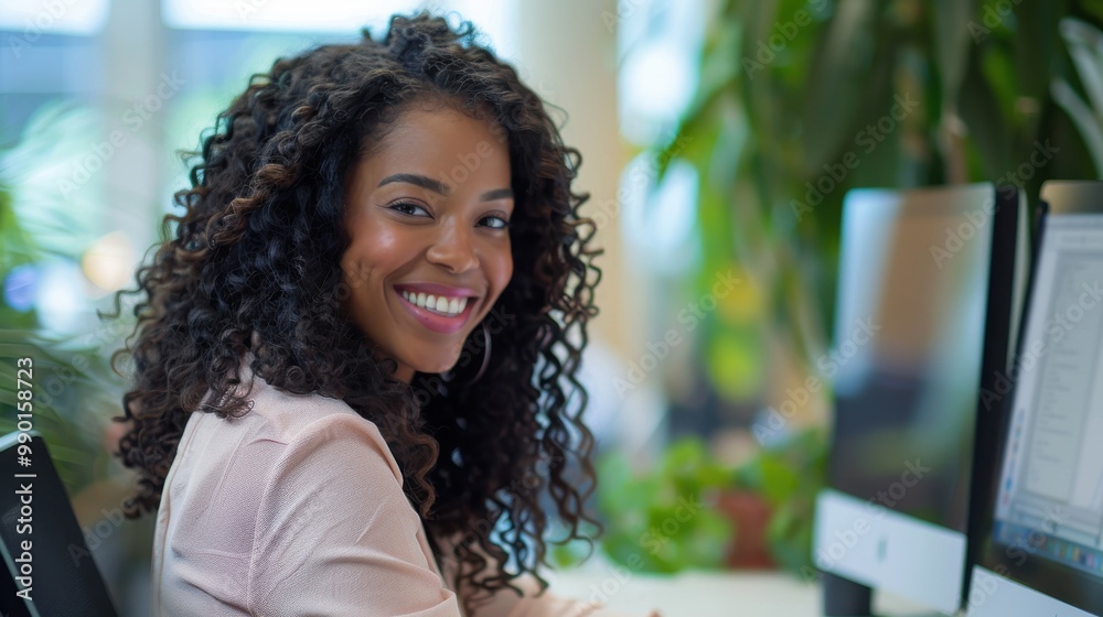 Poster a woman with curly hair is smiling at the camera while sitting at a desk with tw