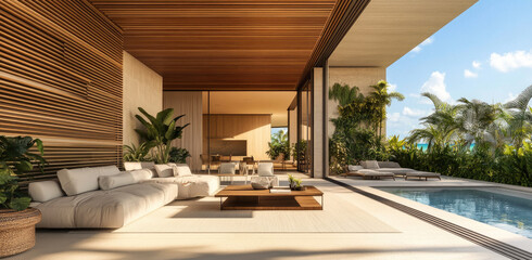 Fototapeta premium modern and minimal outdoor terrace with pool, wooden slats on the walls, plants around the space, sofas, designer coffee table in front of an open window 