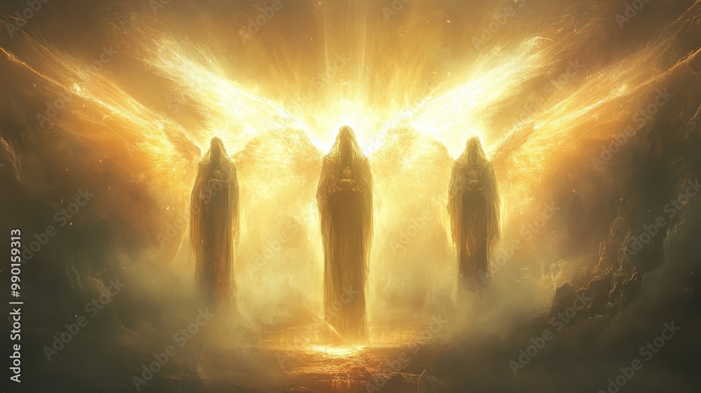 Poster three ethereal figures with golden wings emanate light in a celestial landscape filled with mist and