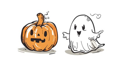 A charming sketch of a whimsical pumpkin and ghost. This playful design captures the lighthearted spirit of Halloween, making it perfect for festive decorations, children's art projects