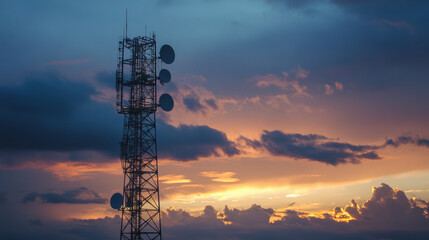 Naklejka premium tall communication tower stands against vibrant sunset sky, showcasing antennas and metallic structure. scene evokes sense of connectivity and technology amidst natures beauty
