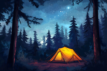 A cozy tent nestled in a quiet forest, with a vast, star-filled sky above