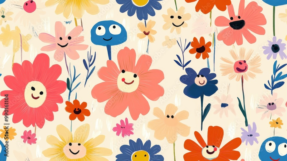 Poster Colorful floral pattern with smiling faces and whimsical elements on a light background, perfect for cheerful decor in various settings