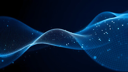 Abstract dot wave line with moving particles on dark background . Digital cyberspace, Big data analytics, 3d rendering, machine learning, and predictive analytics.