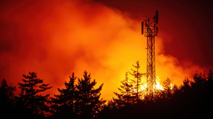 Fototapeta premium image depicts dramatic scene of forest fire with communication tower silhouetted against fiery orange sky. intense colors evoke sense of urgency and danger as flames threaten surrounding trees