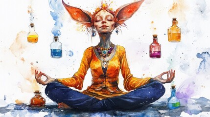 A meditative humanoid creature surrounded by colorful potions in a dreamy artistic representation