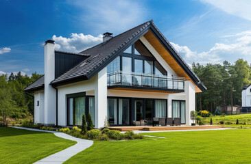 Fototapeta premium Modern two-story house with gable roof, black and white color scheme, large windows on the front facade, wooden cladding on one side of window frames, modern garden in front of it