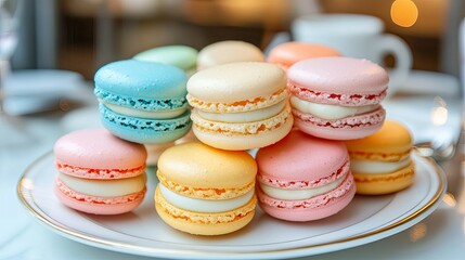 Obraz premium Authentic French macarons in pastel shades, arranged elegantly on a plate in a quaint Paris cafa. The perfect combination of crispy shells and creamy filling.
