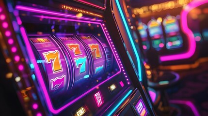 Close-up of a Slot Machine with Neon Lights and Lucky Sevens