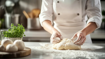 Fototapeta premium Baker kneads fresh dough in a cozy kitchen with herbs and ingredients scattered around