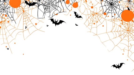 A vibrant Halloween decorative border featuring intricate spider webs, playful bats, and cheerful pumpkins in a flat vector style. Ideal for enhancing seasonal projects, invitations