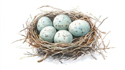 Obraz premium A delicate nest with five speckled eggs rests among twigs, illustrating nature's beauty and new life