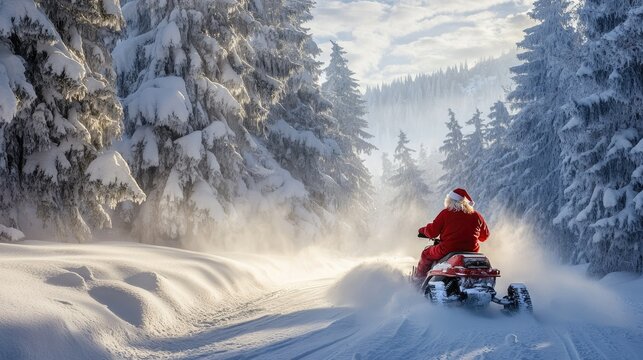 Authentic Santa Claus riding a snowmobile through a magnificent snow-covered landscape, with towering pines and fresh snow creating a winter wonderland.