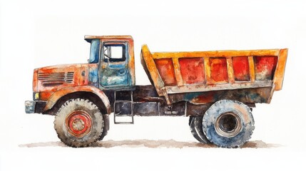 Vibrant watercolor illustration of a vintage dump truck in profile view showcasing its rugged details and colors