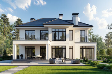 Fototapeta premium A modern two-story house with large windows, white walls and black roof stands on the green lawn in front of it is an entrance path to which there will be some garden furniture