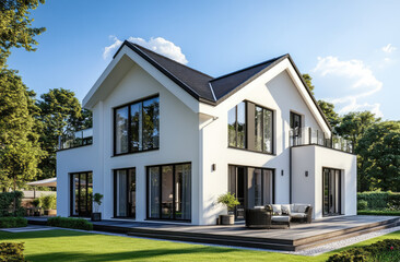 A modern two-story house with large windows, white walls and black roof stands on the green lawn in front of it is an entrance path to which there will be some garden furniture