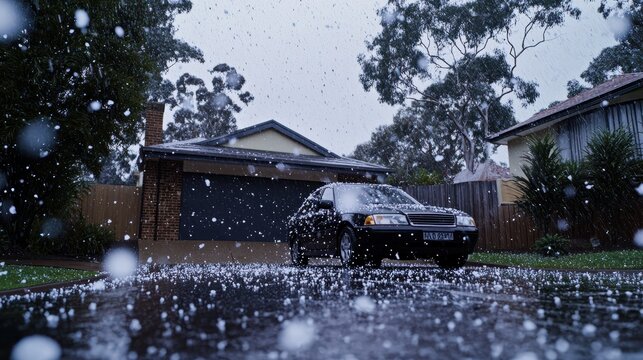 A car is pelted with hail in the driveway of a suburban home as it is parked in the driveway. A hailstorm, low angle, hail stones on the ground, hail damaged house and car, weather