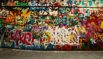 Obraz premium A graffiti-covered urban wall, showcasing vibrant colors, bold lines, and an edgy, artistic vibe