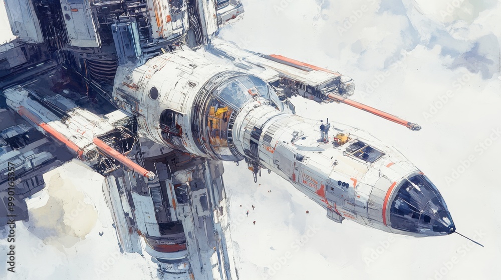 Poster futuristic spacecraft docking at a colossal space station with vibrant space background