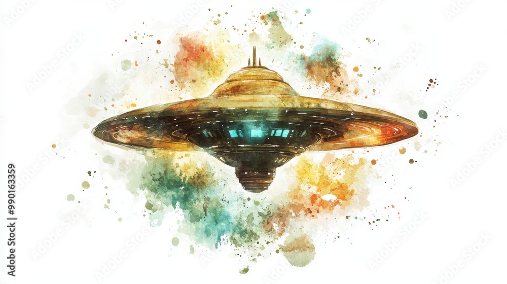 Poster A colorful depiction of a flying saucer hovering above a vibrant splatter of paint in a whimsical artistic style
