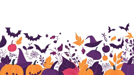Halloween-themed border featuring playful pumpkins, whimsical witches, and flying bats, designed in a clean flat style on a pure white background