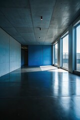 Fototapeta premium Modern interior with large windows and concrete walls.