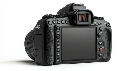 Black digital camera with blank LCD display and buttons, side view on white background, isolated with full depth of field, professional product shot