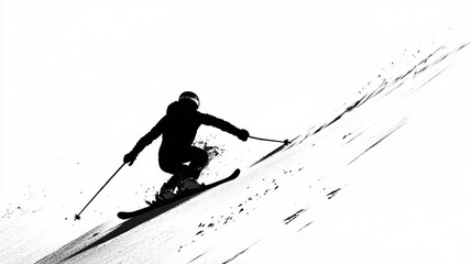 Skier gliding down a snowy slope in a black and white winter landscape during daytime