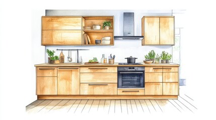 Modern kitchen design in a minimalist style showcasing natural wood cabinets and plants in a bright, airy space