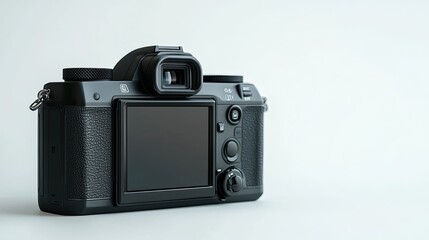 Black digital mirrorless camera side profile, blank LCD and buttons in full focus, isolated on a clean white background, full depth of field