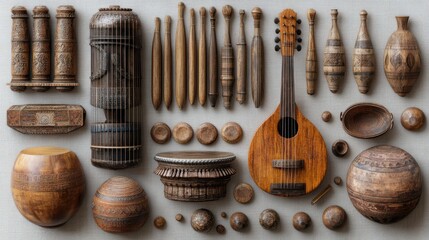 A collection of traditional wooden musical instruments and artifacts.
