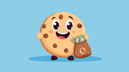 This cute cartoon cookie with a big grin holds a money bag, adding a playful touch to your collection with vibrant textures.