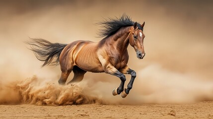 Obraz premium Dynamic Horse Running Through Dusty Terrain