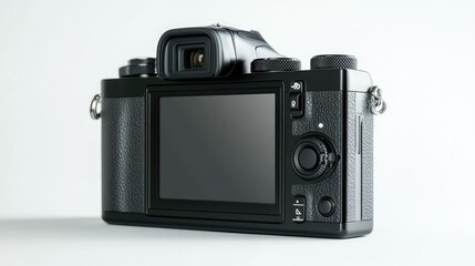 Black mirrorless camera with a blank LCD, buttons and dials in clear view, side angle shot with full depth of field on white background