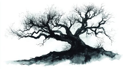 Obraz premium Intricately detailed black tree silhouette showcasing twisted branches against a soft, faded background at twilight