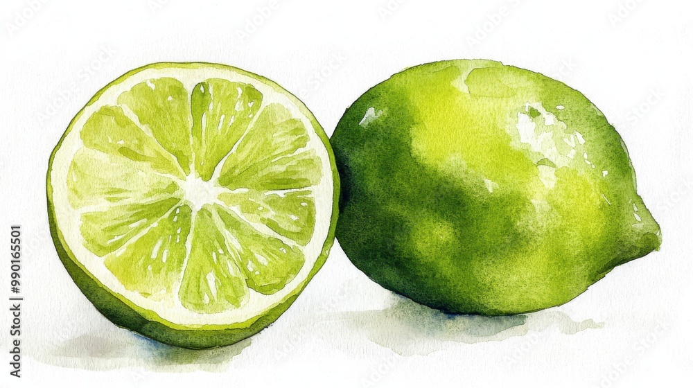 Poster freshly cut lime halves displayed beside a whole lime on a textured surface, highlighting the vibran