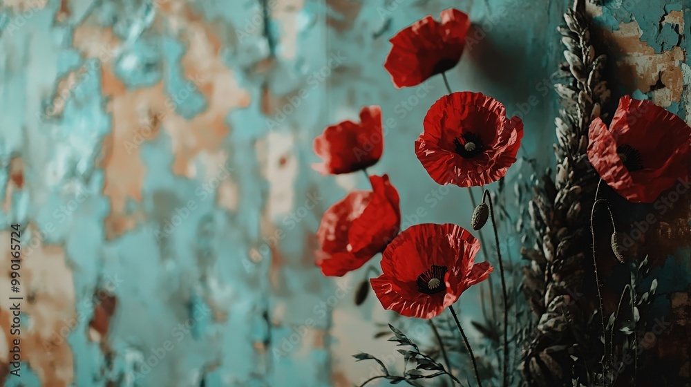 Wall mural vibrant poppies against textured backdrop