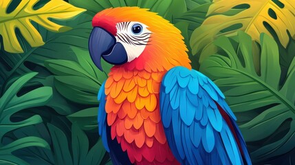 Obraz premium Vibrant parrot art features bright colors, showcasing its stunning plumage in a fun and simplified flat style.