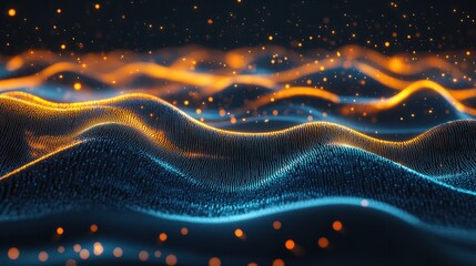 Abstract dark background with orange and blue waves of digital data flowing in the style of light black and navy blue, futuristic network technology concept