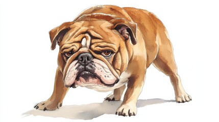 Fototapeta premium Adorable bulldog standing on all fours, showcasing its distinct features in a well-lit indoor space during daytime