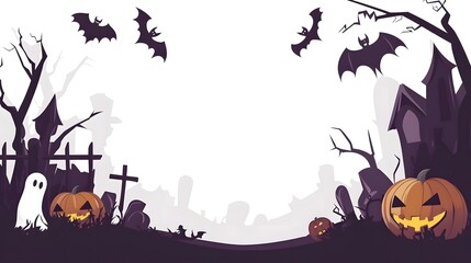 Decorative Halloween frame featuring playful bats, cheerful pumpkins, and spooky ghosts, designed in a minimalist vector style on a clean white background perfect for text overlay