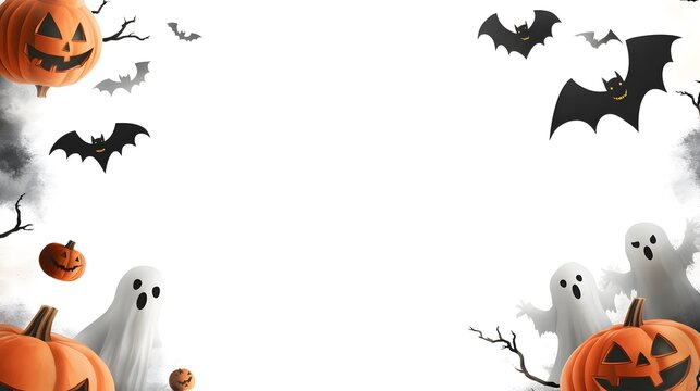 Decorative Halloween frame featuring playful bats, cheerful pumpkins, and spooky ghosts, designed in a minimalist vector style on a clean white background perfect for text overlay