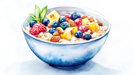 Delicious healthy bowl of oatmeal topped with fresh fruits and nuts on a bright background for a nutritious breakfast
