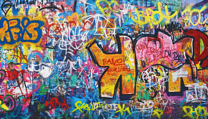 A graffiti-covered urban wall, showcasing vibrant colors, bold lines, and an edgy, artistic vibe