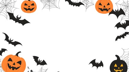 Decorative Halloween frame featuring playful bats, cheerful pumpkins, and spooky ghosts, designed in a minimalist vector style on a clean white background perfect for text overlay