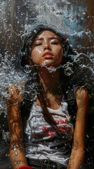 Obraz premium Woman with Headphones in a Water Splash - Hyperrealistic Painting